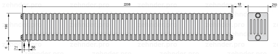 Схема (чертеж) Радиатор Zehnder Charleston 6019/48 №3370 Белый глянцевый RAL 9016